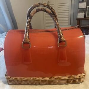 FURLA Papaya Reddish Orange Wicker Candy Satchel Bag - Made in Italy